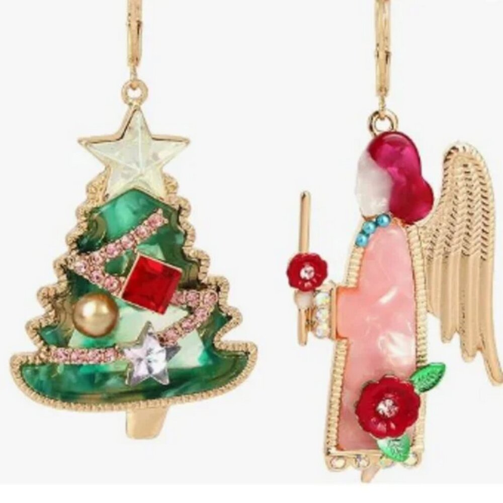 Betsey Johnson Christmas Angel Tree Mismatch Earrings NEW